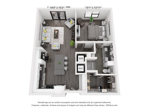 Floor plan for 1 bed, 1 bath, 839 sqft